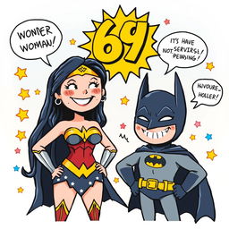 A whimsical and playful scene featuring Wonder Woman and Batman in a light-hearted, humorous depiction of the number 69