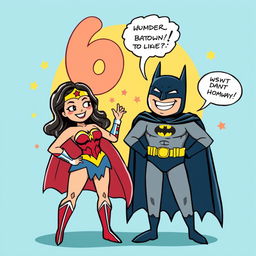 A whimsical and playful scene featuring Wonder Woman and Batman in a light-hearted, humorous depiction of the number 69