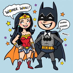 A whimsical and playful scene featuring Wonder Woman and Batman in a light-hearted, humorous depiction of the number 69