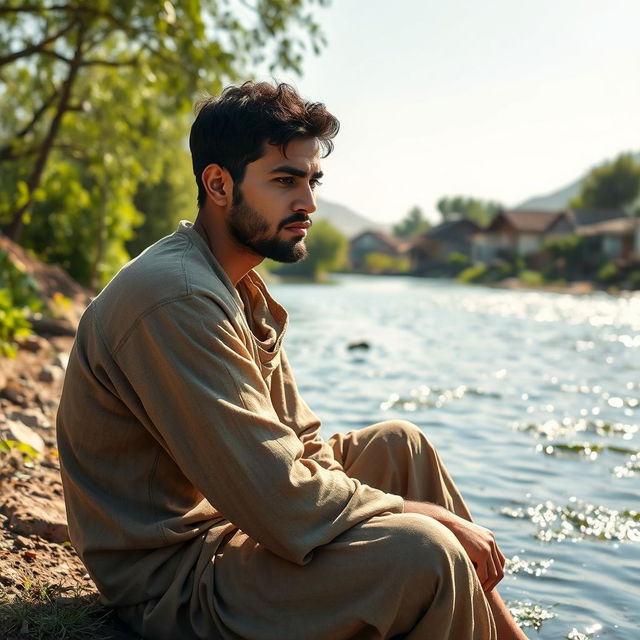 In a secluded village by a gently flowing river, a young man named Youssef is depicted sitting on the riverbank, lost in thought about his dreams of expanding his farm and improving his life