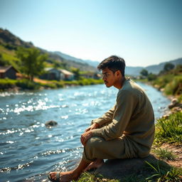In a secluded village by a gently flowing river, a young man named Youssef is depicted sitting on the riverbank, lost in thought about his dreams of expanding his farm and improving his life