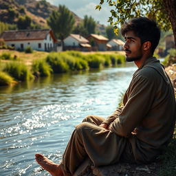 In a secluded village by a gently flowing river, a young man named Youssef is depicted sitting on the riverbank, lost in thought about his dreams of expanding his farm and improving his life