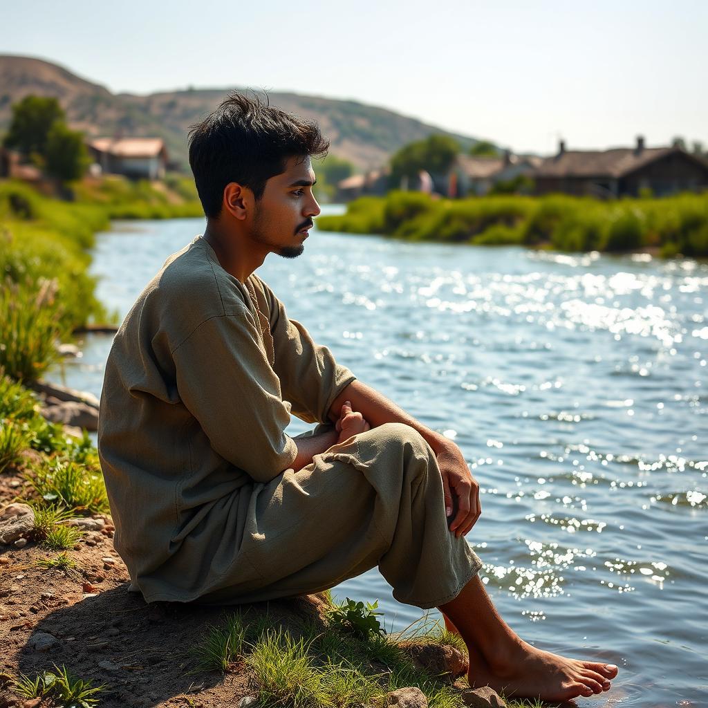 In a secluded village by a gently flowing river, a young man named Youssef is depicted sitting on the riverbank, lost in thought about his dreams of expanding his farm and improving his life