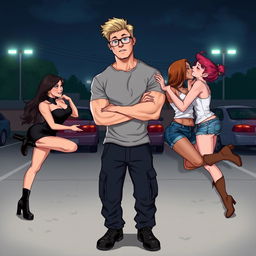In a captivating illustration for the romance novel 'Traditional Lov3 Book 1: Three Souls Found', we see a muscle-toned nerdy man at the center, dressed in a grey t-shirt and dark blue cargo pants