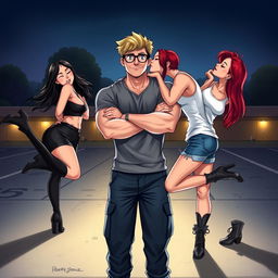 In a captivating illustration for the romance novel 'Traditional Lov3 Book 1: Three Souls Found', we see a muscle-toned nerdy man at the center, dressed in a grey t-shirt and dark blue cargo pants