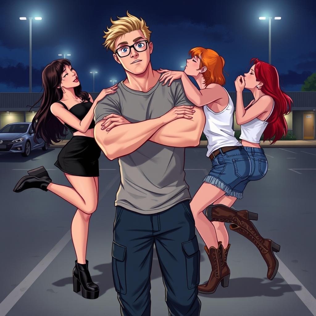 In a captivating illustration for the romance novel 'Traditional Lov3 Book 1: Three Souls Found', we see a muscle-toned nerdy man at the center, dressed in a grey t-shirt and dark blue cargo pants