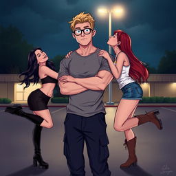 In a captivating illustration for the romance novel 'Traditional Lov3 Book 1: Three Souls Found', we see a muscle-toned nerdy man at the center, dressed in a grey t-shirt and dark blue cargo pants