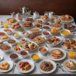 A grand, luxurious breakfast spread worth an unimaginable amount of money, including every exotic and high-end culinary delight, with the finest quality ingredients flown in from around the world