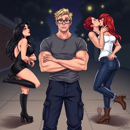 In a beautifully crafted illustration for the romance novel 'Traditional Lov3 Book 1: Three Souls Found', we center on a muscle-toned nerdy man wearing a grey t-shirt and dark blue cargo pants