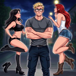 In a beautifully crafted illustration for the romance novel 'Traditional Lov3 Book 1: Three Souls Found', we center on a muscle-toned nerdy man wearing a grey t-shirt and dark blue cargo pants