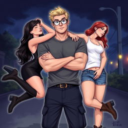 In a beautifully crafted illustration for the romance novel 'Traditional Lov3 Book 1: Three Souls Found', we center on a muscle-toned nerdy man wearing a grey t-shirt and dark blue cargo pants
