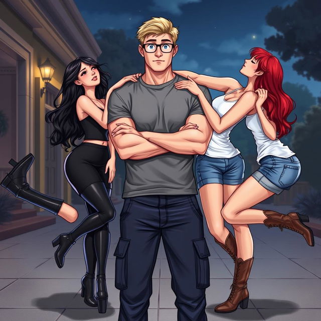 In a beautifully crafted illustration for the romance novel 'Traditional Lov3 Book 1: Three Souls Found', we center on a muscle-toned nerdy man wearing a grey t-shirt and dark blue cargo pants