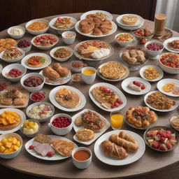 A grand, luxurious breakfast spread worth an unimaginable amount of money, including every exotic and high-end culinary delight, with the finest quality ingredients flown in from around the world