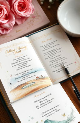 A beautifully illustrated book of poetry, featuring elegant calligraphy and watercolor illustrations