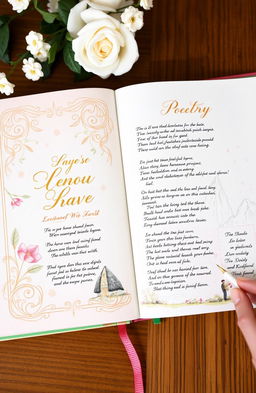 A beautifully illustrated book of poetry, featuring elegant calligraphy and watercolor illustrations