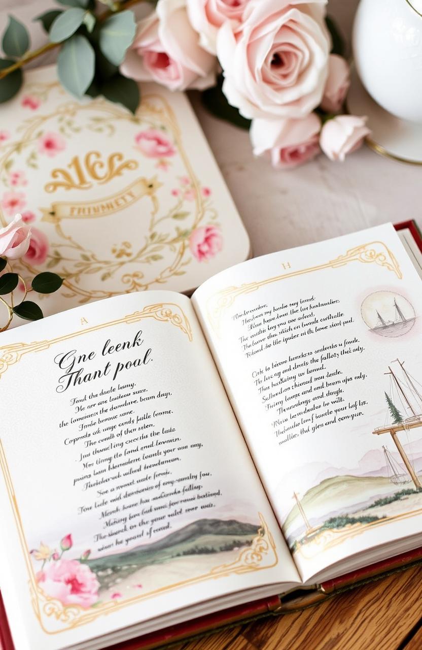 A beautifully illustrated book of poetry, featuring elegant calligraphy and watercolor illustrations