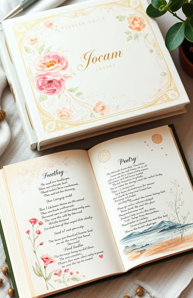 A beautifully illustrated book of poetry, featuring elegant calligraphy and watercolor illustrations