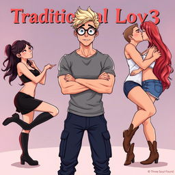 In an enchanting illustration for the title 'Traditional Lov3' and subtitle 'Book 1: Three Souls Found', we focus on a muscle-toned nerdy man positioned at the center, dressed in a snug grey t-shirt and dark blue cargo pants