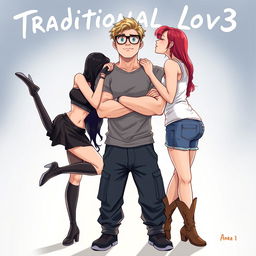 In an enchanting illustration for the title 'Traditional Lov3' and subtitle 'Book 1: Three Souls Found', we focus on a muscle-toned nerdy man positioned at the center, dressed in a snug grey t-shirt and dark blue cargo pants