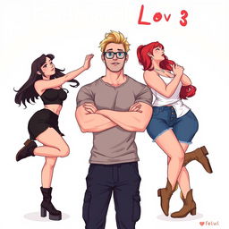 In an enchanting illustration for the title 'Traditional Lov3' and subtitle 'Book 1: Three Souls Found', we focus on a muscle-toned nerdy man positioned at the center, dressed in a snug grey t-shirt and dark blue cargo pants