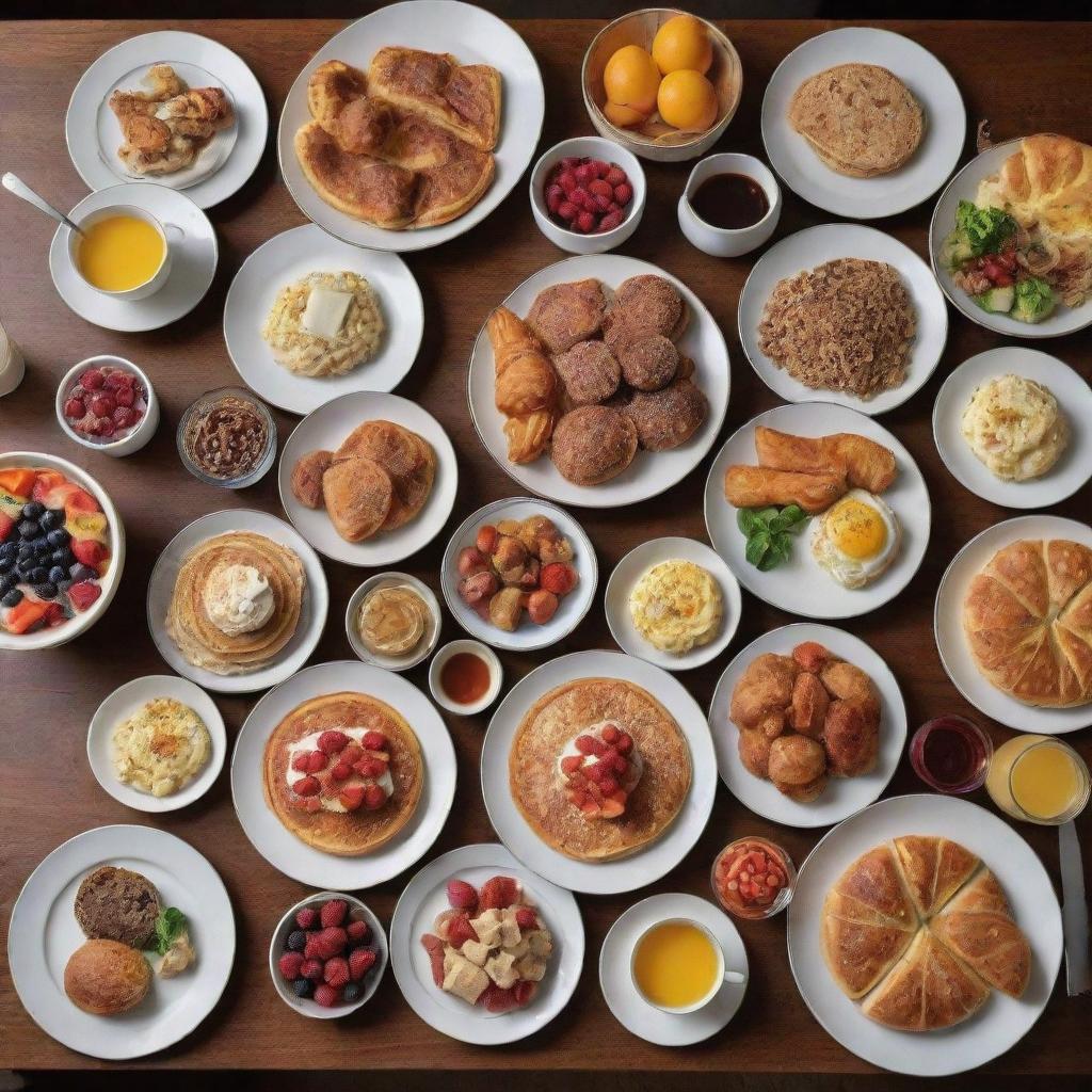 A grand, luxurious breakfast spread worth an unimaginable amount of money, including every exotic and high-end culinary delight, with the finest quality ingredients flown in from around the world