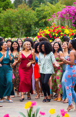 A vibrant and lively scene featuring lots of diverse women engaged in various activities like dancing, laughing, and enjoying each other's company