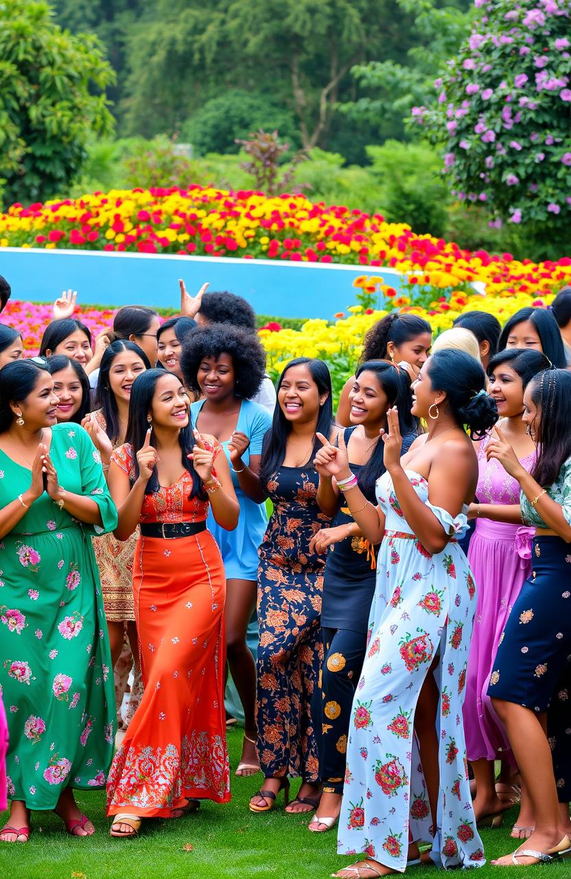 A vibrant and lively scene featuring lots of diverse women engaged in various activities like dancing, laughing, and enjoying each other's company