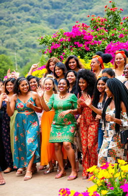 A vibrant and lively scene featuring lots of diverse women engaged in various activities like dancing, laughing, and enjoying each other's company