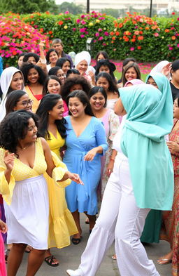 A vibrant and lively scene featuring lots of diverse women engaged in various activities like dancing, laughing, and enjoying each other's company