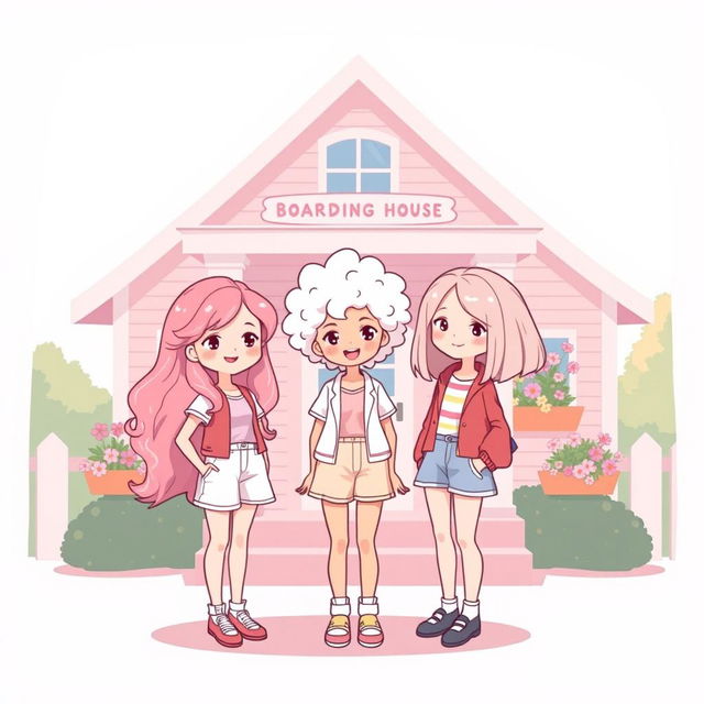 A cute, whimsical illustration featuring three girls standing together in front of a charming boarding house