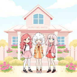 A cute, whimsical illustration featuring three girls standing together in front of a charming boarding house