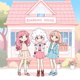 A cute, whimsical illustration featuring three girls standing together in front of a charming boarding house