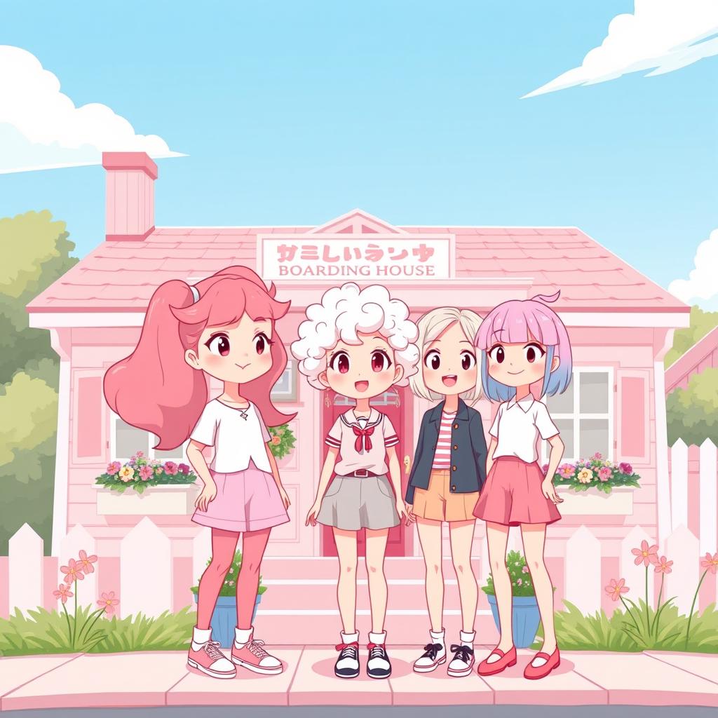 A cute, whimsical illustration featuring three girls standing together in front of a charming boarding house