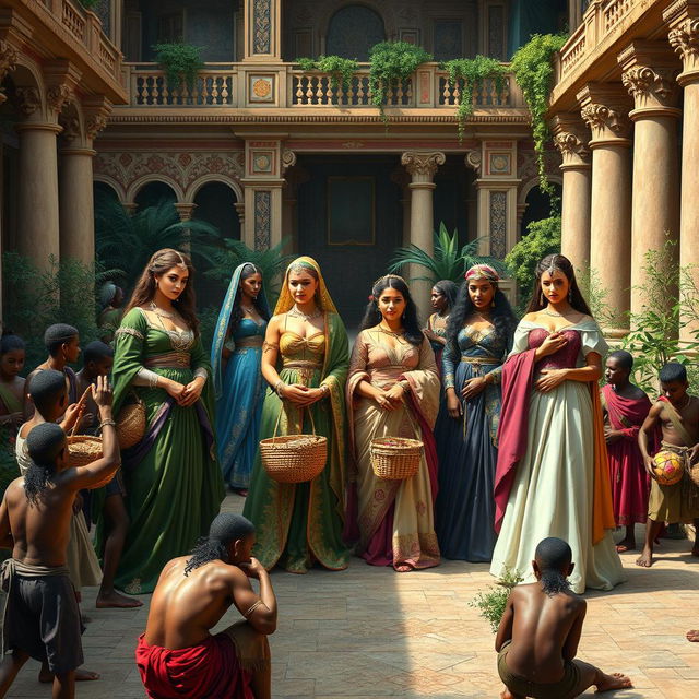 A dramatic and rich historical scene set in a grand palace courtyard, depicting four elegantly dressed wives from diverse backgrounds, showcasing their exquisite traditional attire and jewelry