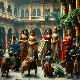 A dramatic and rich historical scene set in a grand palace courtyard, depicting four elegantly dressed wives from diverse backgrounds, showcasing their exquisite traditional attire and jewelry