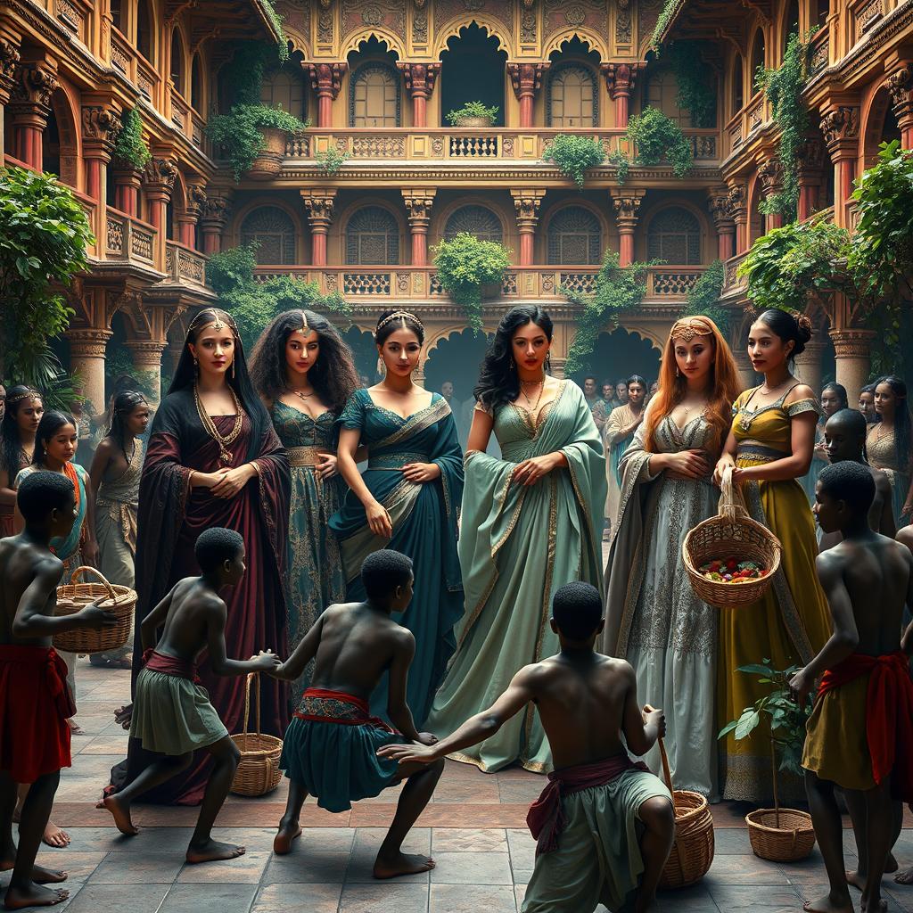 A dramatic and rich historical scene set in a grand palace courtyard, depicting four elegantly dressed wives from diverse backgrounds, showcasing their exquisite traditional attire and jewelry