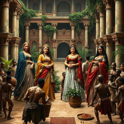 A dramatic and rich historical scene set in a grand palace courtyard, depicting four elegantly dressed wives from diverse backgrounds, showcasing their exquisite traditional attire and jewelry