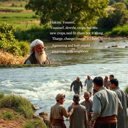 In a serene setting by the riverbank, an elderly man named Hakim speaks to a young man named Youssef, who looks pensive