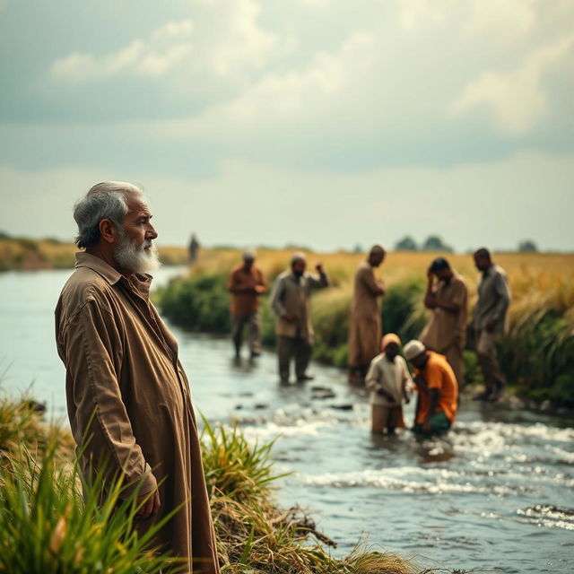 In a serene setting by the riverbank, an elderly man named Hakim speaks to a young man named Youssef, who looks pensive