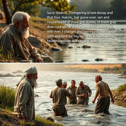 In a serene setting by the riverbank, an elderly man named Hakim speaks to a young man named Youssef, who looks pensive