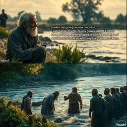 In a serene setting by the riverbank, an elderly man named Hakim speaks to a young man named Youssef, who looks pensive