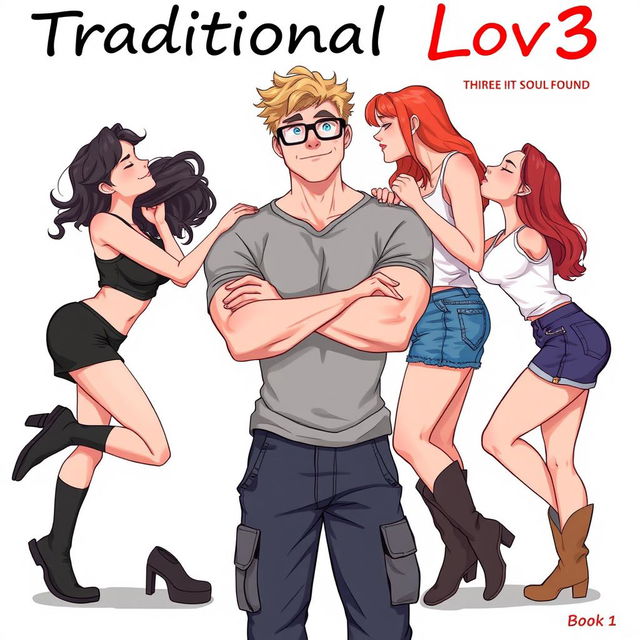 In a heartwarming illustration for the title 'Traditional Lov3' and subtitle 'Book 1: Three Souls Found', we depict a muscle-toned nerdy man centered in the image