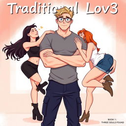 In a heartwarming illustration for the title 'Traditional Lov3' and subtitle 'Book 1: Three Souls Found', we depict a muscle-toned nerdy man centered in the image