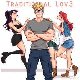 In a heartwarming illustration for the title 'Traditional Lov3' and subtitle 'Book 1: Three Souls Found', we depict a muscle-toned nerdy man centered in the image