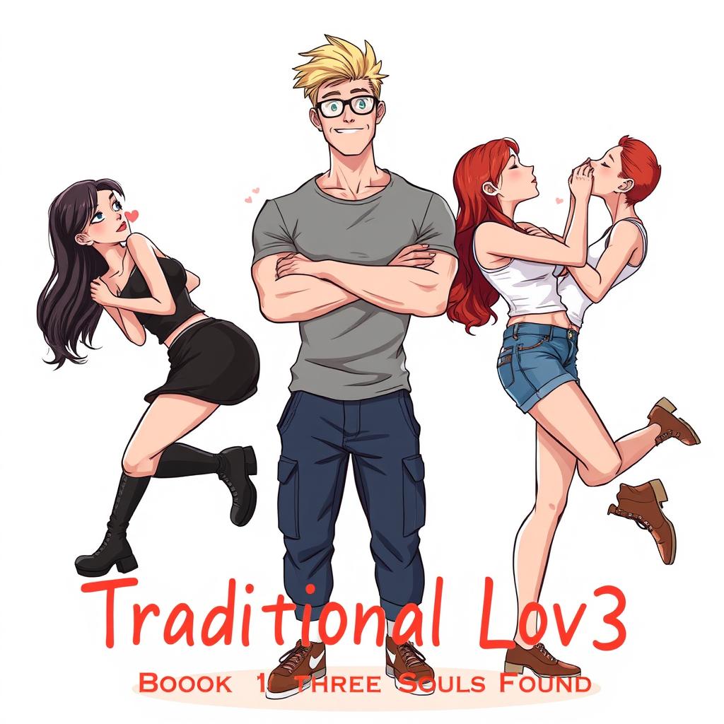 In a heartwarming illustration for the title 'Traditional Lov3' and subtitle 'Book 1: Three Souls Found', we depict a muscle-toned nerdy man centered in the image