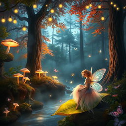 A fantastical, enchanted forest scene at twilight, featuring glowing mushrooms and twinkling fairy lights hanging from the trees