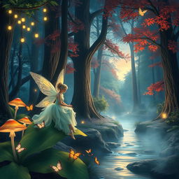 A fantastical, enchanted forest scene at twilight, featuring glowing mushrooms and twinkling fairy lights hanging from the trees
