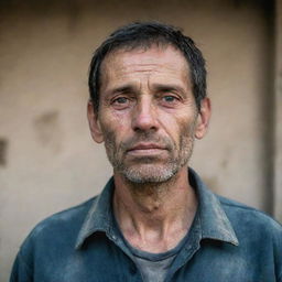 A portrait of a humble man, his face lined with hardship, yet there's a spark of hope in his eyes