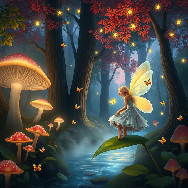 A fantastical, enchanted forest scene at twilight, featuring glowing mushrooms and twinkling fairy lights hanging from the trees