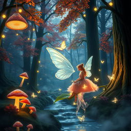 A fantastical, enchanted forest scene at twilight, featuring glowing mushrooms and twinkling fairy lights hanging from the trees